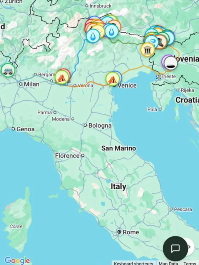 Interactive map of Italy showing the Dolomites route with stop pins