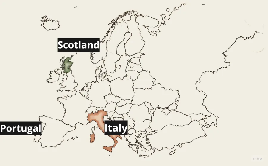 Map of Europe with Scotland, Portugal and Italy highlighted — curated trips ready to clone